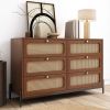 Modern Cannage Rattan Wood Closet 6-Drawer Dresser Wood Storage Cabinet Sideboard for Bedroom, Living Room, Entryway, Hallway, Walnut