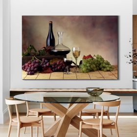 Framed Canvas Wall Art Decor Painting, Still Life Grape, and Wine Bottle Painting Decoration For Restaurant, Kitchen, Dining Room, Office Living Room