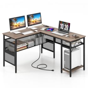 L-Shaped Computer Desk with Charging Station and Adjustable Shelf