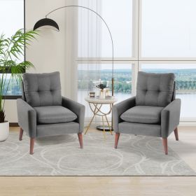 Modern Upholstered Grey Accent Chair Armchair with Pillow, Single Sofa with Lounge Seat and Wood Legs 2 Pcs