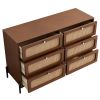 Modern Cannage Rattan Wood Closet 6-Drawer Dresser Wood Storage Cabinet Sideboard for Bedroom, Living Room, Entryway, Hallway, Walnut