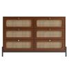 Modern Cannage Rattan Wood Closet 6-Drawer Dresser Wood Storage Cabinet Sideboard for Bedroom, Living Room, Entryway, Hallway, Walnut