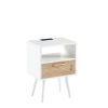 15.75" Rattan End table with Power Outlet & USB Ports ; Modern nightstand with drawer and solid wood legs; side table for living roon; bedroom; white