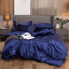 Ice Four-piece Set Cool Bare Sleeping Real Silk Quilt Cover Sheets (Option: Dark Blue-1 Style)