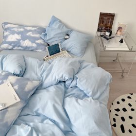 Simple Cloud Bed Sheet Quilt Cover All Cotton Washed Cotton Four-piece Set (Option: Cloud Qingcheng Blue-150CM Bed Sheet 200X230cm)