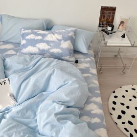 Simple Cloud Bed Sheet Quilt Cover All Cotton Washed Cotton Four-piece Set (Option: Clouds Like Water Blue-150CM Bed Sheet 200X230cm)