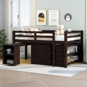 Low Study Full Loft Bed with Cabinet ; Shelves and Rolling Portable Desk ; Multiple Functions Bed (Color: Espresso)