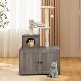 Cat Tree with Litter Box Enclosure with Cat Condo (Color: Gray)