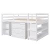 Low Study Full Loft Bed with Cabinet ; Shelves and Rolling Portable Desk ; Multiple Functions Bed