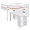 Low Study Full Loft Bed with Cabinet ; Shelves and Rolling Portable Desk ; Multiple Functions Bed